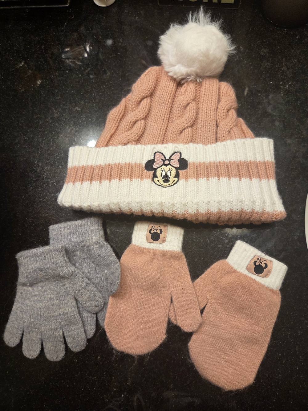 Minnie Mouse Peach & Cream Pom Pom Beanie with Matching Mittens - Kids